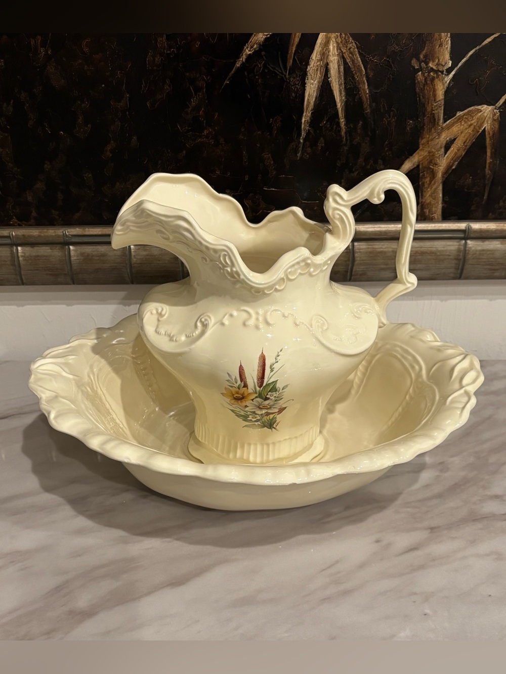 Arnels Large Vintage Cream Floral Ceramic Pitcher and Basin Set